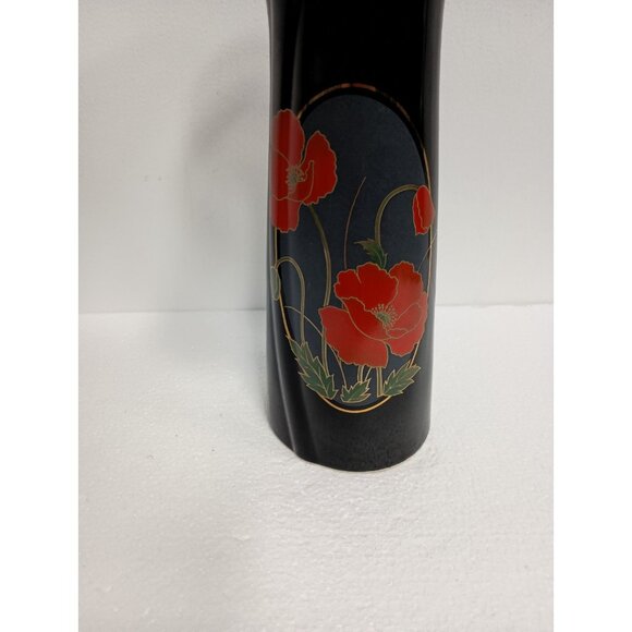 Vintage 70s Fine China Black Elegance Asian Vase With Red Poppy Flowers Japan - Picture 2 of 10